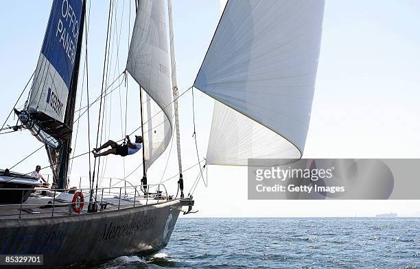 South African hero Mike Horn arrives home as his expedition yacht 'Pangaea' arrives at the Victoria & Albert Waterfront on March 10, 2009 in Cape...