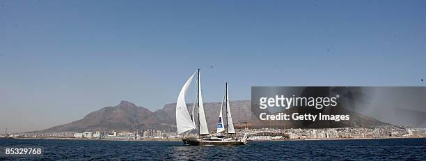 South African hero Mike Horn arrives home as his expedition yacht 'Pangaea' arrives at the Victoria & Albert Waterfront on March 10, 2009 in Cape...