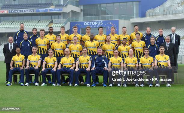 Warwickshire's Varun Chopra, Rikki Clarke, Ian Westwood, Jonathan Trott, Jim Troughton, director of cricket Dougie Brown, Ian Bell, Tim Ambrose,...