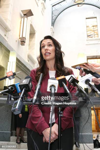 Labour leader Jacinda Ardern speaks to media during an announcement for Labour's new provisional caucus members at Parliament on September 25, 2017...