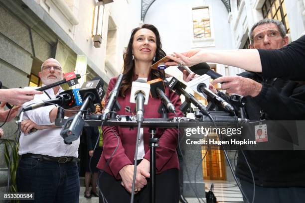 Labour leader Jacinda Ardern speaks to media during an announcement for Labour's new provisional caucus members at Parliament on September 25, 2017...