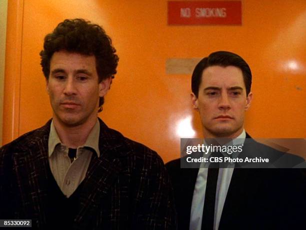 Canadian actor Michael Ontkean and American actor Kyle MacLachlan in a scene screen grab from the pilot episode of the television series 'Twin...