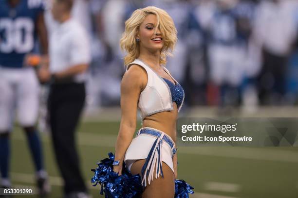 Indianapolis Colts cheerleaders perform during the NFL game between the Cleveland Browns and Indianapolis Colts on September 24 at Lucas Oil Stadium...