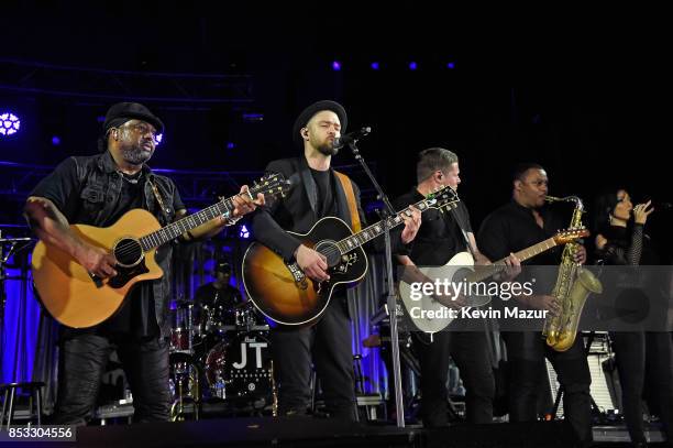 Justin Timberlake performs at "A Concert for Charlottesville," at University of Virginia's Scott Stadium on September 24, 2017 in Charlottesville,...