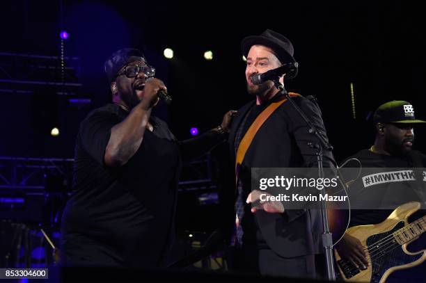 Justin Timberlake performs at "A Concert for Charlottesville," at University of Virginia's Scott Stadium on September 24, 2017 in Charlottesville,...