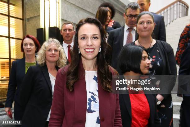 Labour leader Jacinda Ardern looks on after a photo opportunity during an announcement for Labour's new provisional caucus members at Parliament on...