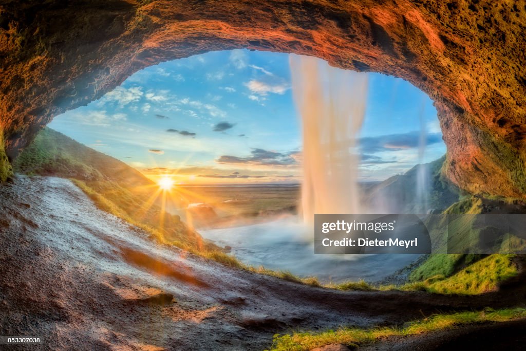 Seljalandsfoss Waterfall in Iceland at Sunset