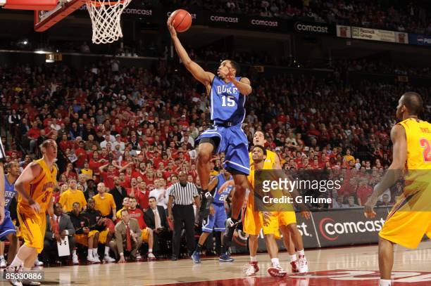 Gerald Henderson of the Duke Blue Devils drives to the hoop against the Maryland Terrapins on February 25, 2009 at the Comcast Center in College...