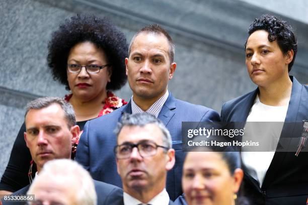 New Labour MP Tamati Coffey looks on during an announcement for Labour's new provisional caucus members at Parliament on September 25, 2017 in...