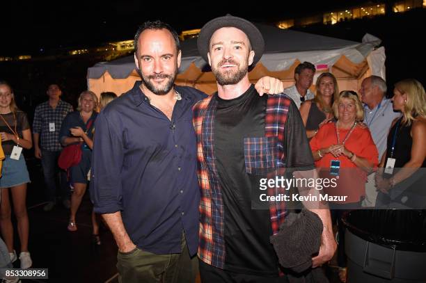 Dave Matthews and Justin Timberlake pose backstage at "A Concert for Charlottesville," at University of Virginia's Scott Stadium on September 24,...