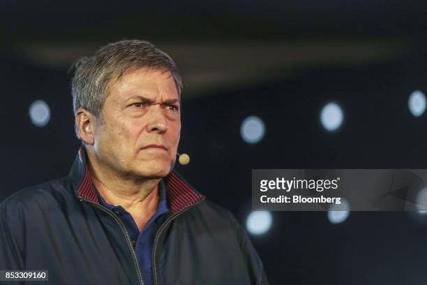Guenter Butschek, chief executive officer of Tata Motors Ltd., pauses during a speech at the launch of the Nexon sports utility vehicle in Mumbai,...