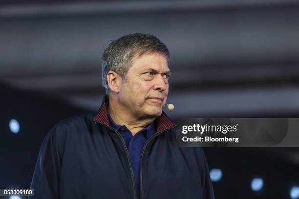 Guenter Butschek, chief executive officer of Tata Motors Ltd., pauses during a speech at the launch of the Nexon sports utility vehicle in Mumbai,...