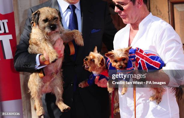 David Walliams with his dog Bert and Simon Cowell with his dogs Squiddly and Diddly attending a press launch for Britain's Got Talent at LSO St...