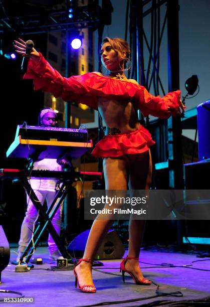 Kali Uchis performs on Huntridge Stage during day 3 of the 2017 Life Is Beautiful Festival on September 24, 2017 in Las Vegas, Nevada.