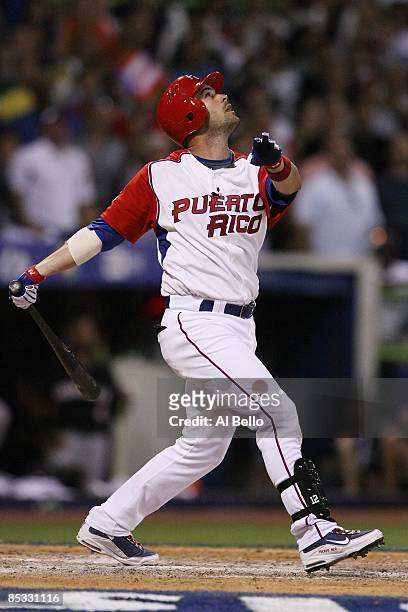 Ramon Vasquez of Puerto Rico bats against The Netherlands during the 2009 World Baseball Classic Pool D match on March 9, 2009 at Hiram Bithorn...