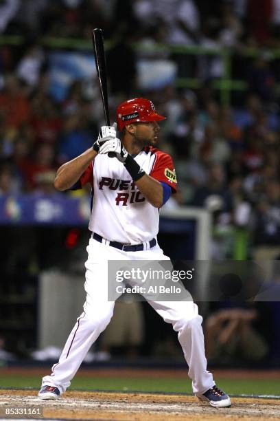 Alex Rios of Puerto Rico bats against The Netherlands during the 2009 World Baseball Classic Pool D match on March 9, 2009 at Hiram Bithorn Stadium...