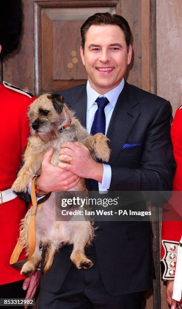 David Walliams with his dog Bert attending a press launch for Britain's Got Talent at LSO St Luke's in London.