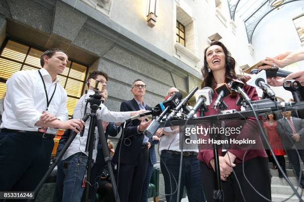 Labour leader Jacinda Ardern speaks to media during an announcement for Labour's new provisional caucus members at Parliament on September 25, 2017...