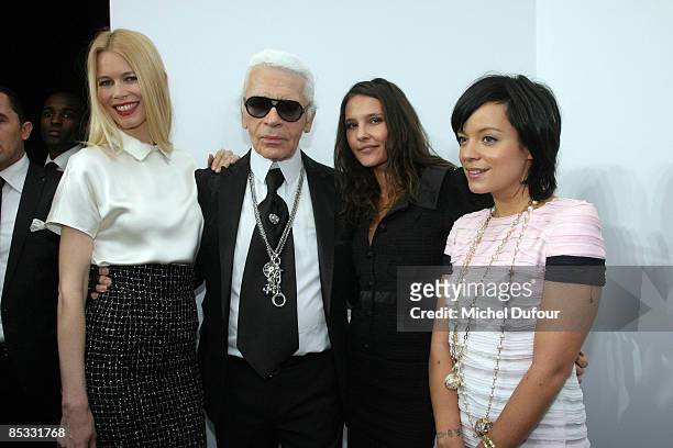 Claudia Schiffer, Karl Lagerfeld, Virginie Ledoyen and Lily Allen attend the Chanel Ready-to-Wear A/W 2009 fashion show during Paris Fashion Week at...