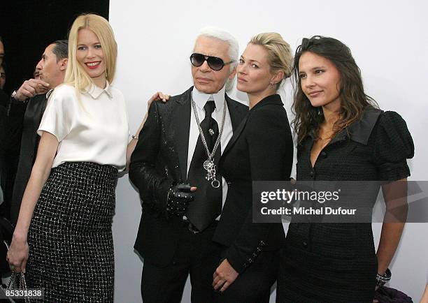 Claudia Schiffer, Karl Lagerfeld, Kate Moss and Virginie Ledoyen attend the Chanel Ready-to-Wear A/W 2009 fashion show during Paris Fashion Week at...