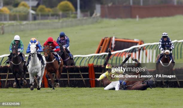Sam Twiston-Davies riding Fascino Rustico falls during the Alan Shearer's Speedflex Handicap Hurdle Race during day one of the Coral Scottish Grand...