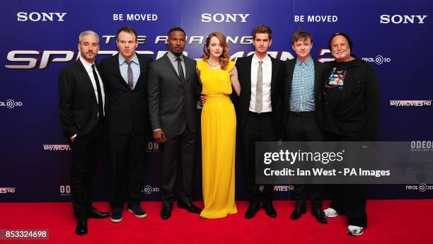 Matt Tolmach, Marc Webb, Jamie Foxx, Emma Stone, Andrew Garfield, Dane Dehaan and Avi Arad at the world premiere of the film The Amazing Spiderman 2,...