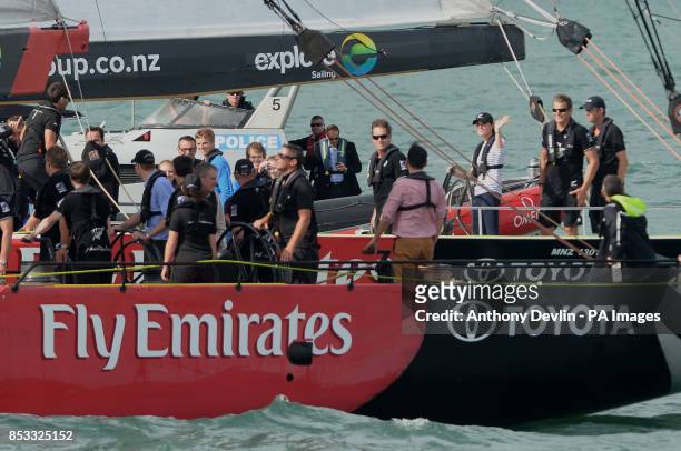 The Duchess of Cambridge reacts after beating as the Duke of Cambridge in a race on two Emirates Team New Zealand Americas Cup yachts as they sail...
