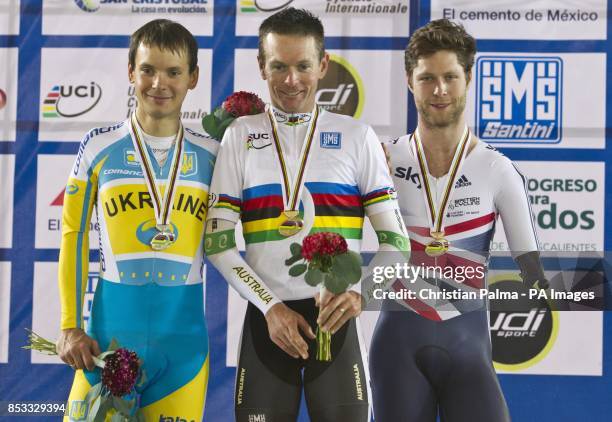 Jon-Allan Butterworth of Great Britain , bronze medal, Yehor Dementyev of Ukraine , silver medal, and Michael Gallagher of Australia, gold medal,...