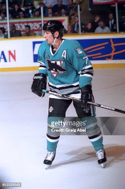 Igor Larionov of the San Jose Sharks skates against the Toronto Maple Leafs during NHL game action on October 17, 1995 at Maple Leaf Gardens in...