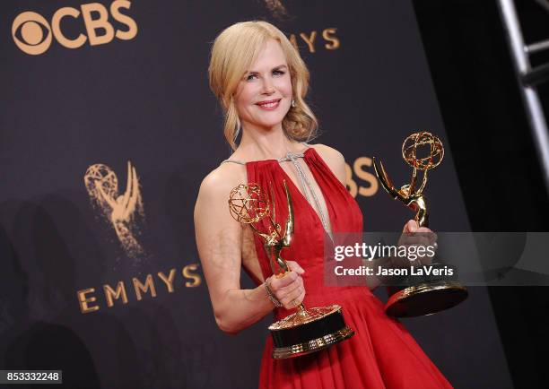 Actress Nicole Kidman poses in the press room at the 69th annual Primetime Emmy Awards at Microsoft Theater on September 17, 2017 in Los Angeles,...