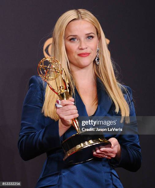 Actress Reese Witherspoon poses in the press room at the 69th annual Primetime Emmy Awards at Microsoft Theater on September 17, 2017 in Los Angeles,...