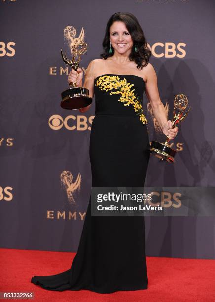 Actress Julia Louis-Dreyfus poses in the press room at the 69th annual Primetime Emmy Awards at Microsoft Theater on September 17, 2017 in Los...