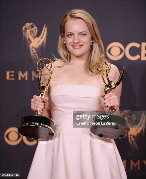 Actress Elisabeth Moss poses in the press room at the 69th annual Primetime Emmy Awards at Microsoft Theater on September 17, 2017 in Los Angeles,...