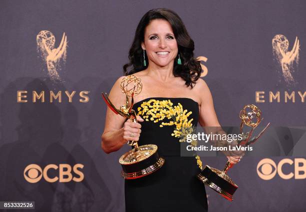 Actress Julia Louis-Dreyfus poses in the press room at the 69th annual Primetime Emmy Awards at Microsoft Theater on September 17, 2017 in Los...