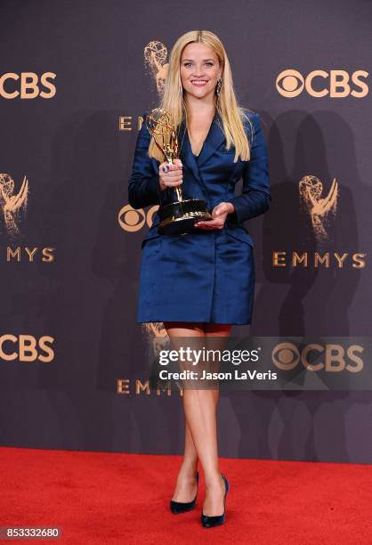 Actress Reese Witherspoon poses in the press room at the 69th annual Primetime Emmy Awards at Microsoft Theater on September 17, 2017 in Los Angeles,...