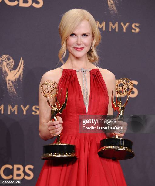 Actress Nicole Kidman poses in the press room at the 69th annual Primetime Emmy Awards at Microsoft Theater on September 17, 2017 in Los Angeles,...