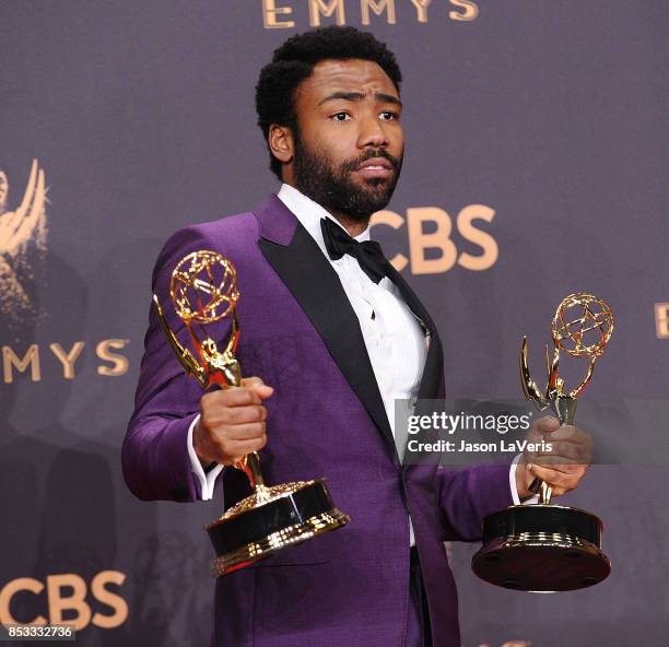 Actor Donald Glover poses in the press room at the 69th annual Primetime Emmy Awards at Microsoft Theater on September 17, 2017 in Los Angeles,...