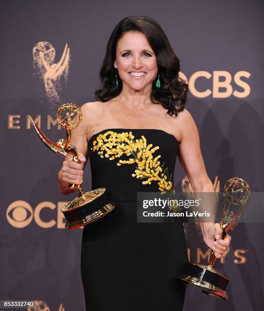 Actress Julia Louis-Dreyfus poses in the press room at the 69th annual Primetime Emmy Awards at Microsoft Theater on September 17, 2017 in Los...