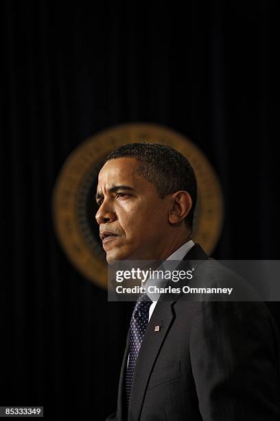 President Barack Obama speaks during the closing of the Fiscal Responsibility Summit on February 23, 2009 in the Eisenhower Executive Office Building...