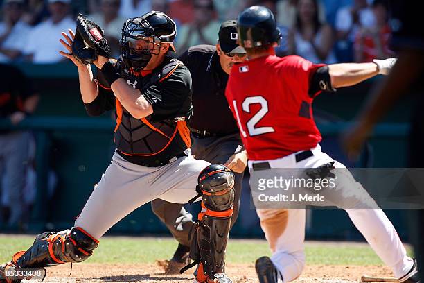 Catcher Matt Wieters of the Baltimore Orioles takes the throw for a play at home against the Boston Red Sox during a Grapefruit League Spring...