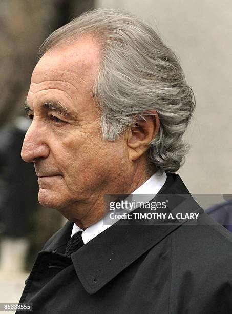 Disgraced Wall Street financier Bernard Madoff leaves US Federal Court after a hearing on March 10, 2009 in New York. Madoff has agreed to plead...