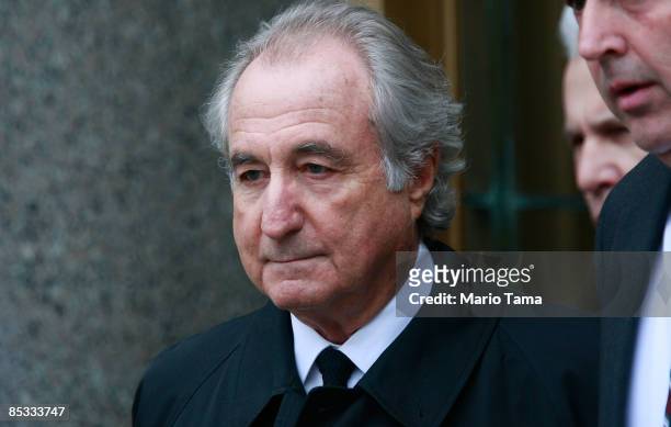 Accused $50 billion Ponzi scheme swindler Bernard Madoff exits federal court March 10, 2009 in New York City. Madoff was attending a hearing on his...