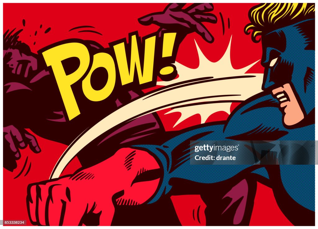 Pop art comics style superhero fighting and punching super villain vector illustration
