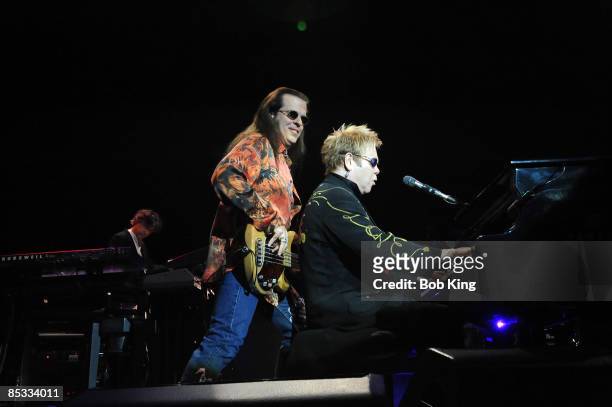 Photo of Elton JOHN and Bob BIRCH and Guy BABYLON, L-R Guy Babylon, Bob Birch and Sir Elton John performing on stage at the Sydney Entertainment...