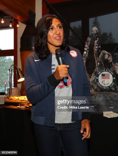 Bobsledder Elana Meyers Taylor speaks during the Team USA Media Summit opening reception at the Red Pine Lodge on September 24, 2017 in Park City,...