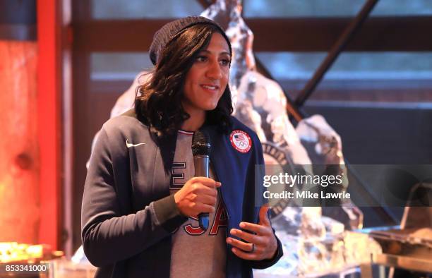Bobsledder Elana Meyers Taylor speaks during the Team USA Media Summit opening reception at the Red Pine Lodge on September 24, 2017 in Park City,...