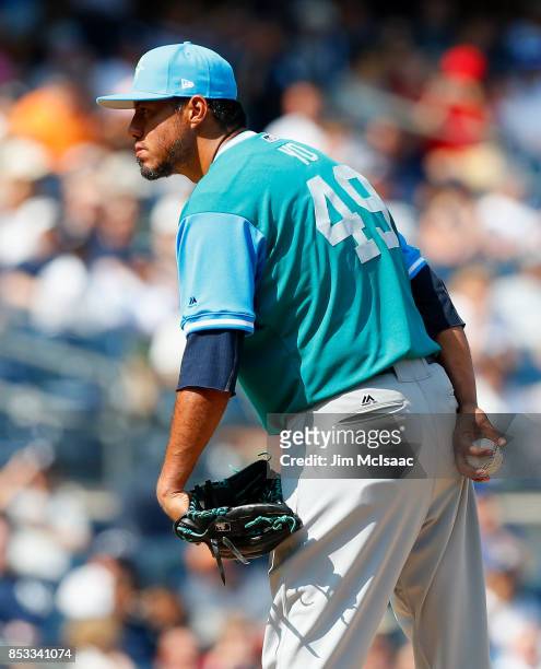 Yovani Gallardo of the Seattle Mariners in action against the New York Yankees at Yankee Stadium on August 26, 2017 in the Bronx borough of New York...
