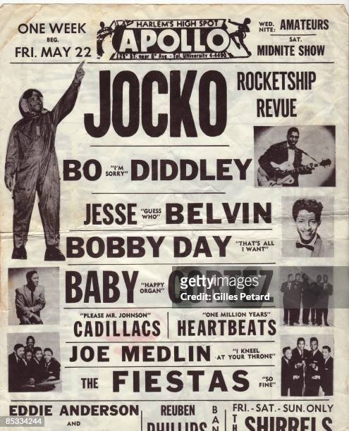 Photo of JOCKO and Bo DIDDLEY and Jesse BELVIN and Bobby DAY and Baby CORTEZ and CADILLACS and HEARTBEATS and FIESTAS, Flyer advert for the Apollo