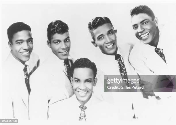 Photo of Clyde McPHATTER and DOMINOES and James VAN LOAN and Billy WARD and Joe LAMONT and David McNEIL; Posed group portrait L-R Clyde McPhatter,...