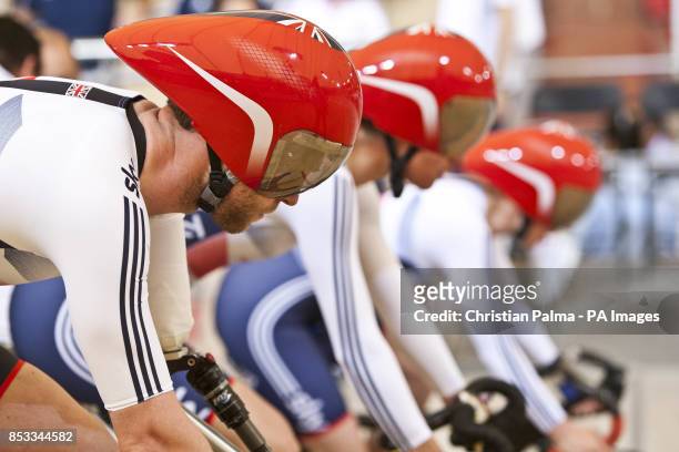 Great Britain's Crystal Lane , Sarah Storey and Jon-Allan Butterworth during the Mixed team Sprint at the day four of the UCI Para-cycling Track...